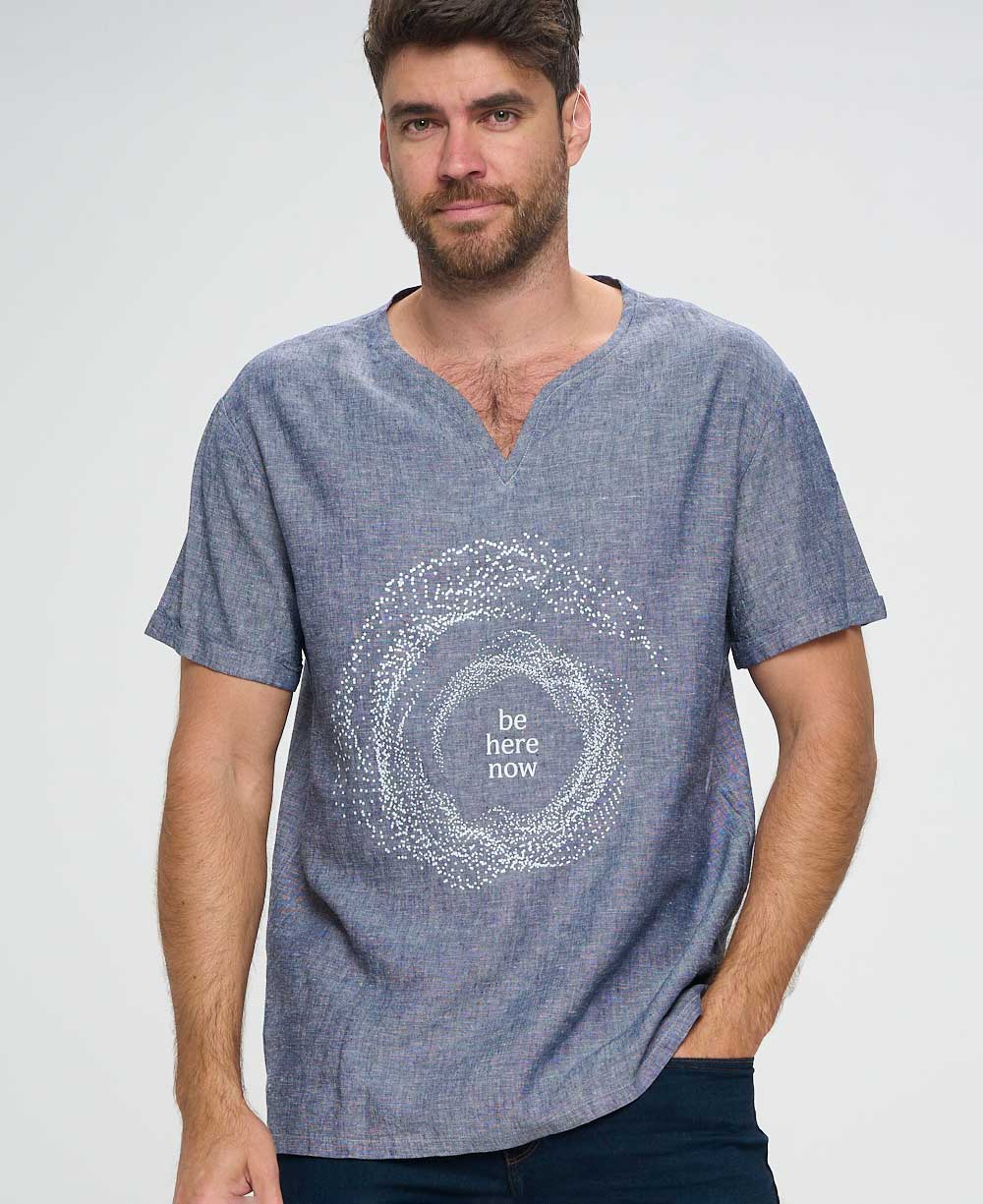 Men’s Be Here Now Blue Linen Inspirational Kurta Shirt