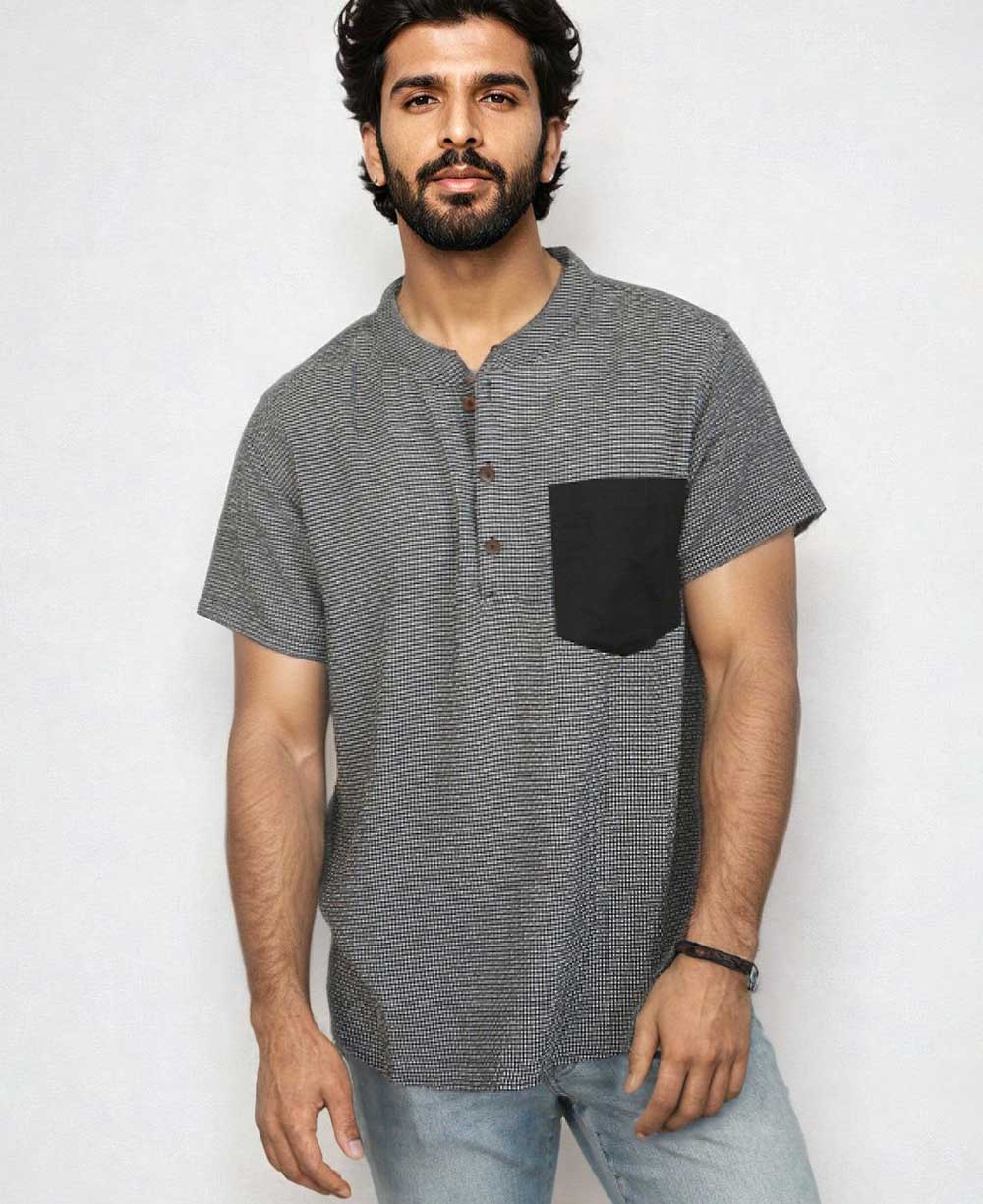 Men's Button Up Kurta Shirt With Solid Pocket