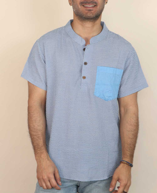 Men's Button Up Kurta Shirt With Solid Pocket
