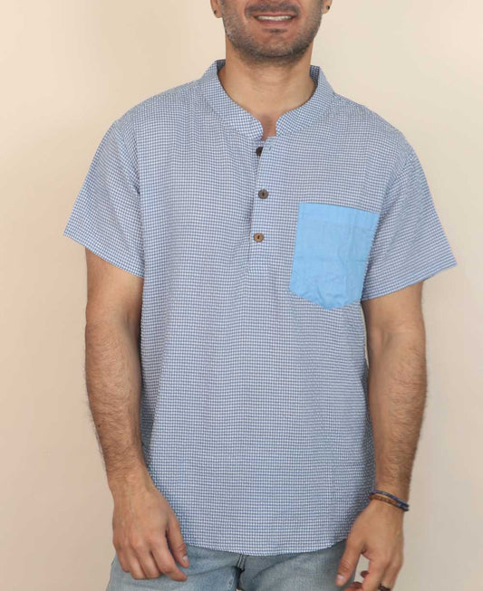 Men's Button Up Kurta Shirt With Solid Pocket